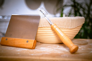 Bread Proofing Kit With 9" Banneton, Lame, Linen, and Metal Dough Scraper